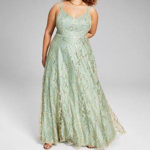 NWT Say Yes Womens Juniors Sage Gold Sequined Glitter Mesh Gown Dress SIZE 7